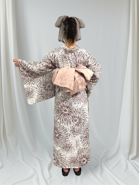 C381_JS-4  花火 赤茶+C303_SH3 兵児帯 くすみピンク【二部式浴衣＋帯セット】(JS-4 花火(赤茶)+SH3 兵児帯(くすみピンク))