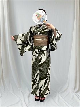 C381_JS-5 絞り風竹 カーキ【二部式浴衣単品】