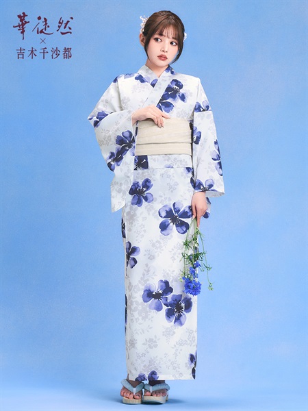 【華徒然×吉木千沙都】2WAY・ワンピース浴衣　水彩花(水色)