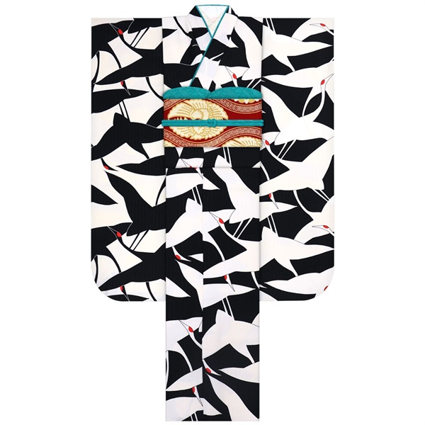 F2706 片身替りシルエット鶴 黒