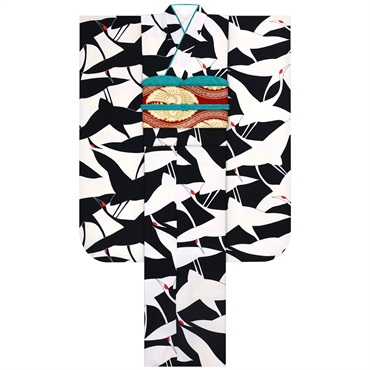 振袖レンタルセット シルエット鶴(片身替り/白黒)