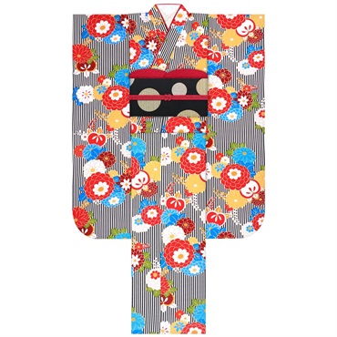 【Web限定】振袖レンタルセット 縞に万寿菊(黒)