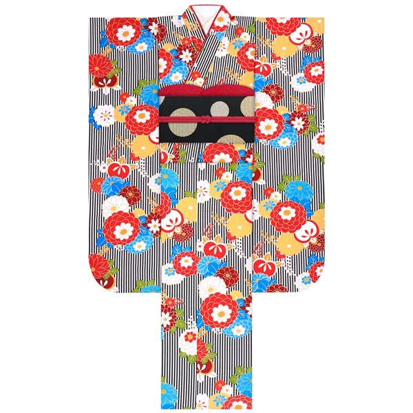 【Web限定】振袖レンタルセット 縞に万寿菊(黒)