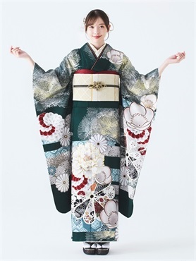 正絹振袖レンタルセット 松華牡丹(深緑)